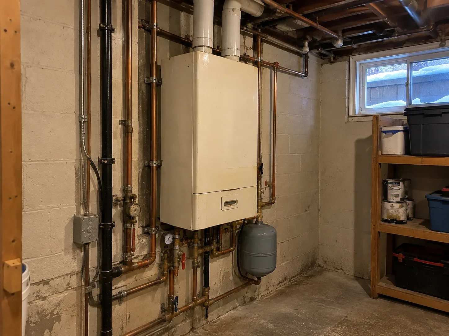 Older wall-mounted residential boiler before replacement in a Hamilton home