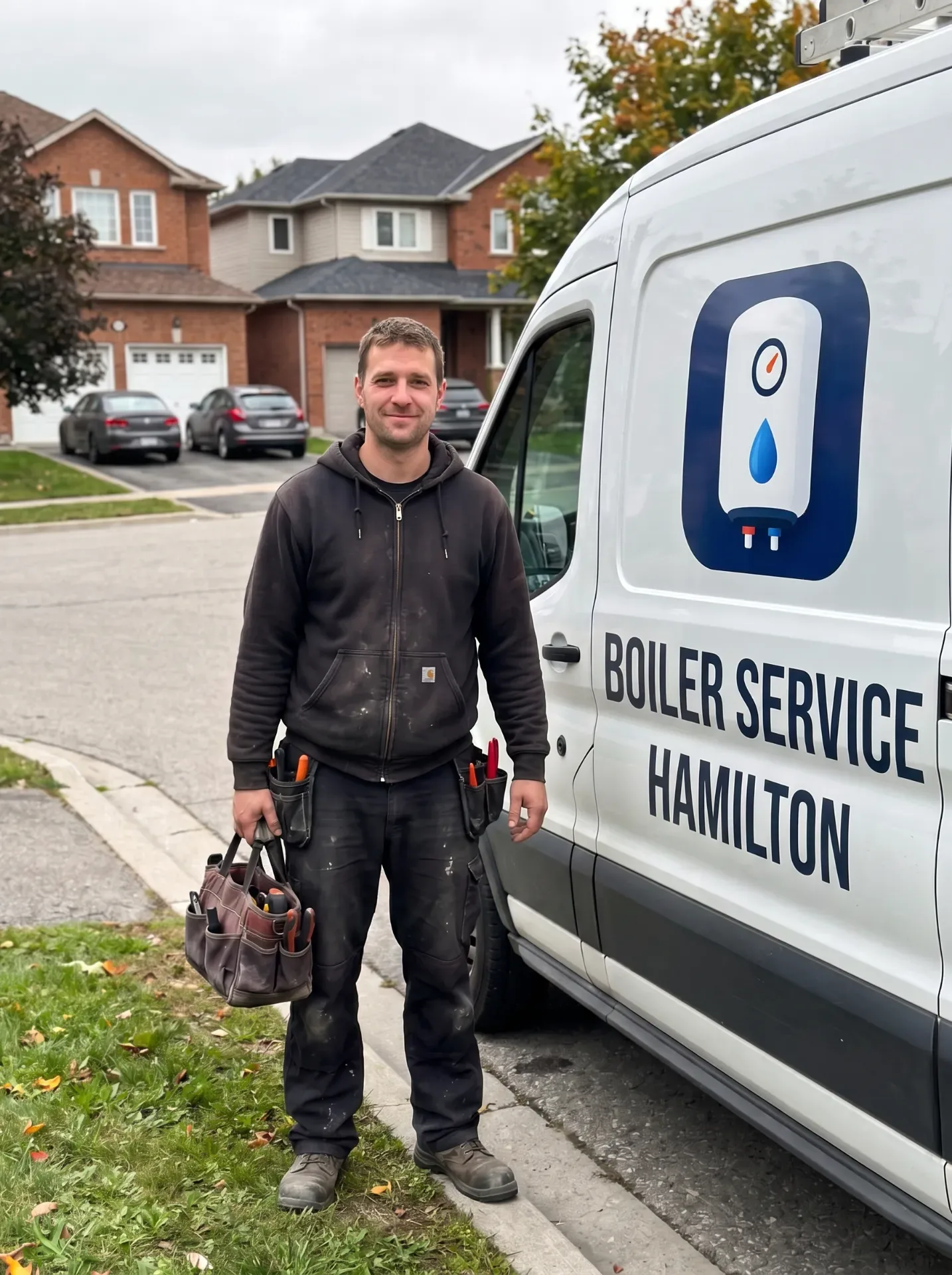 Residential boiler service van outside a Hamilton home